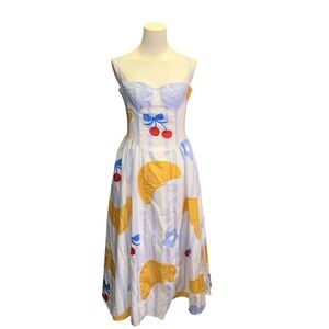 Nice To Meet You La Dolce Vita Croissant Cherry Midi Dress Blue White Stripe S
